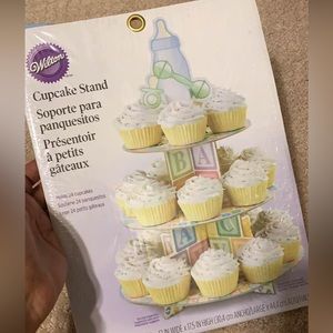 Cake and cupcake toppers as well as cupcake stand for baby shower